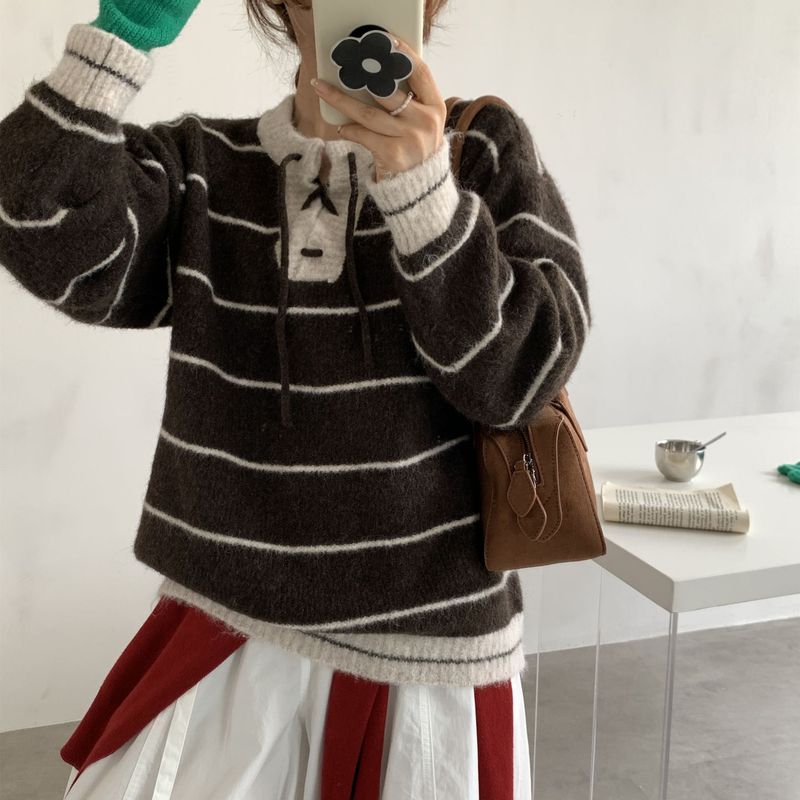 秋冬新款毛衣女2025韩系撞色条纹休闲手工穿绳慵懒风系带针织上衣|undefined