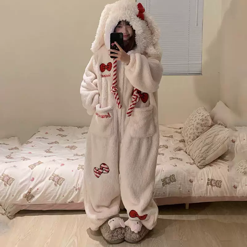 冬天可爱少女卡通珊瑚绒连体睡衣女冬季2025保暖一体式家居服ins