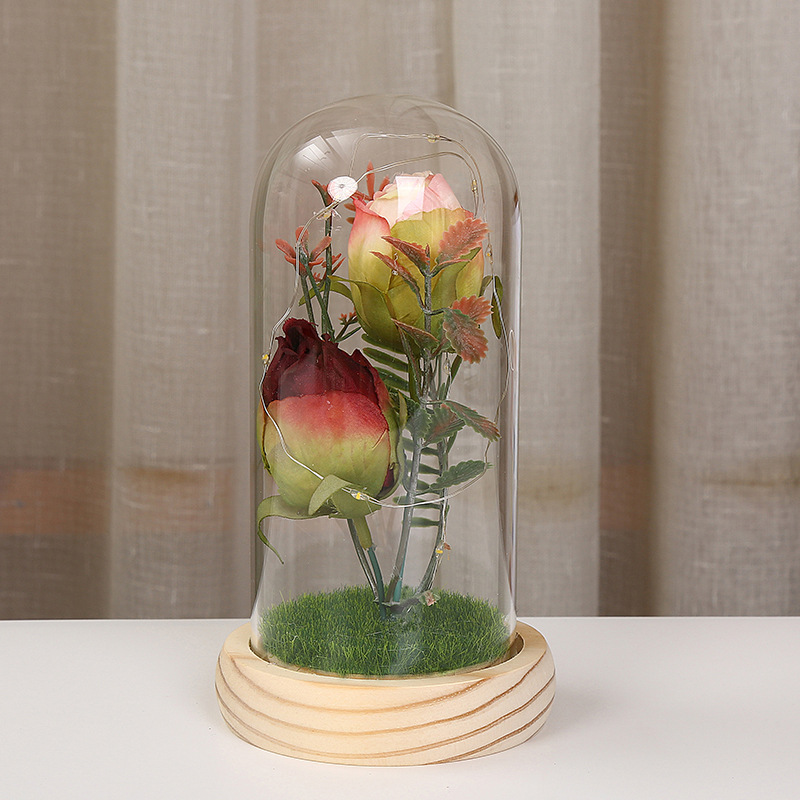 Creative Gifts Silk Flower Glass Cover Ornaments Christmas Valentine's Day Night Light Home Decoration Gifts