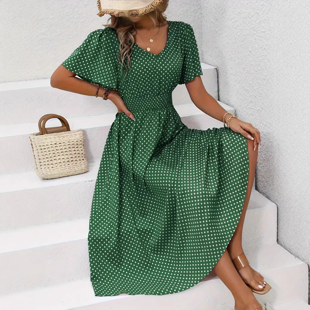 Women's Clothing Spring/Summer V Neck Polka Dot Pullover Casual Dress For Women_voghion.com