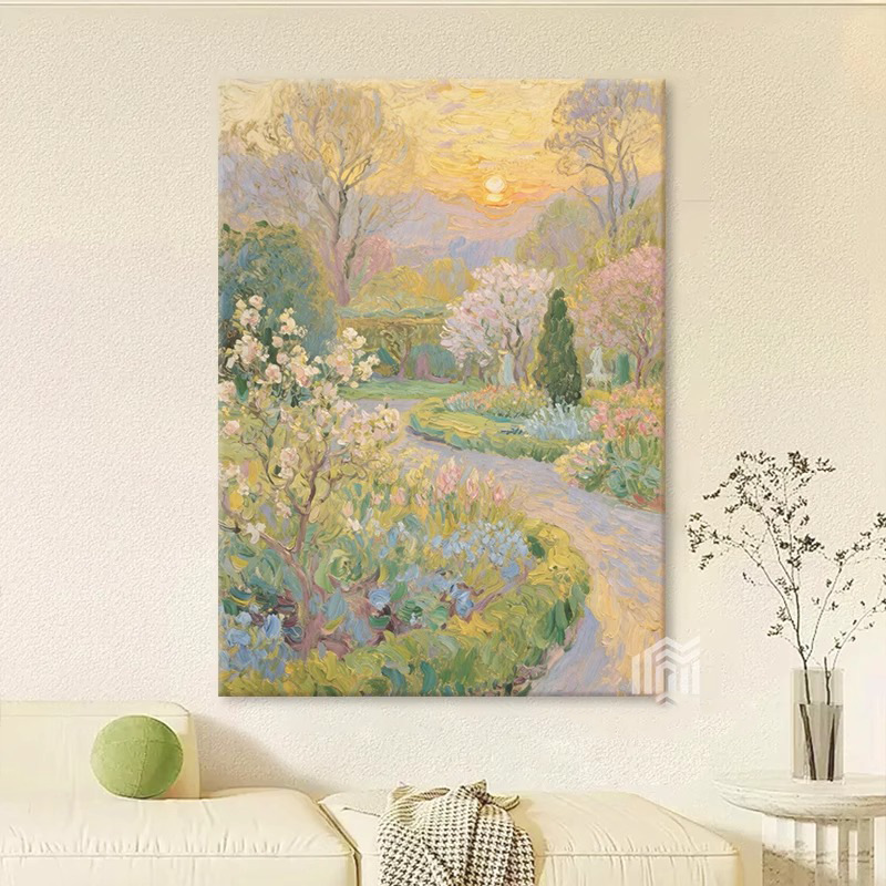 Vertical French-Style Cream Landscape Living Room Sofa Decorative Painting with a High-End Feel, Monet Sunrise Three-Dimensional Hand-Painted Vertical Hanging Painting