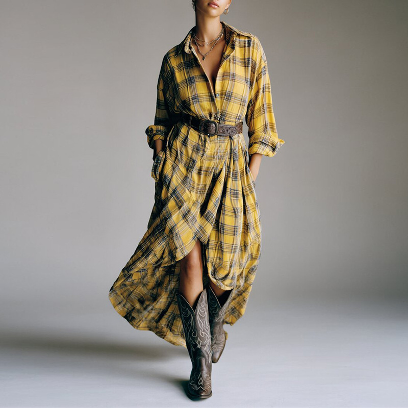 European and American Retro Long-Sleeved Plaid Shirt Dress 2026 Spring and Autumn New Fashion Loose Casual Versatile Dress with Belt European and American Retro Long-Sleeved Plaid Shirt Dress 2026 Spring and Autumn New Fashion Loose Casual Versatile Dress with Belt