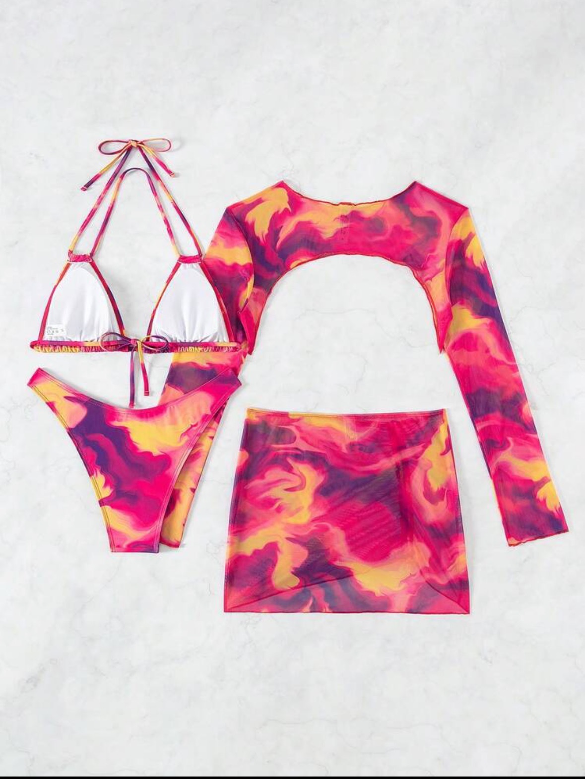 En stock 2024 nuevo bikini europeo y americano tie-dye impreso de cuatro piezas traje de baño bikini traje de baño femenino sexy