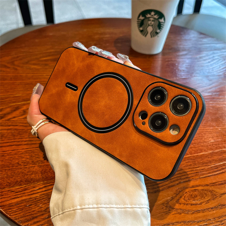 Funda magnética de piel de cordero Apple 16, adecuada para iPhone 15, funda para teléfono 14ProMax con textura de cuero, cobertura total 13, funda protectora 17