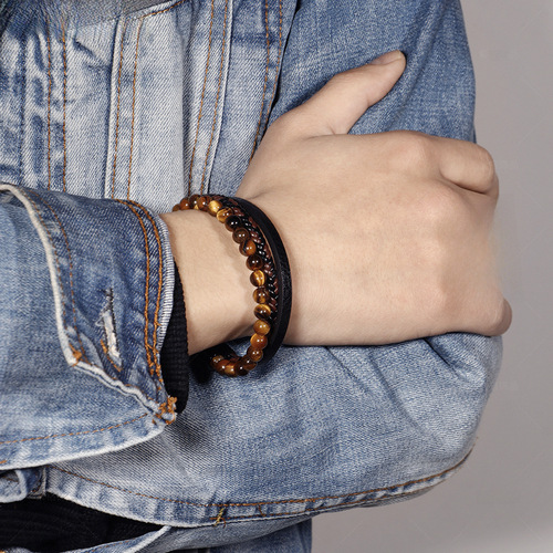 Amazon Stainless Steel Natural Tiger Eye Stone Bracelet Beads Men's Handmade Agate Bracelet Foreign Trade Accessories 