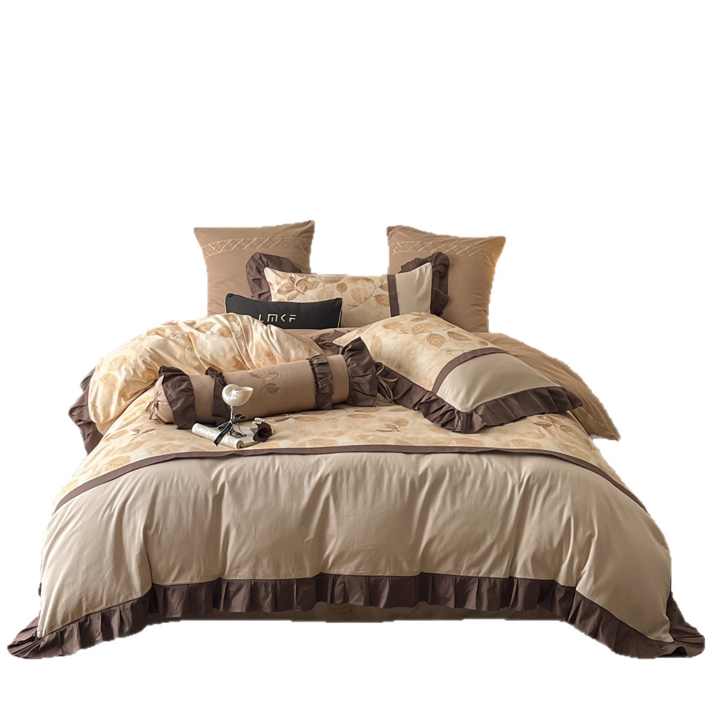 Nordic French Vintage Boho French Vintage Style Autumn And Winter All-cotton Brushed Four-piece Set, Pure Cotton Lace Duvet Cover, Fitted Sheet,_voghion.com