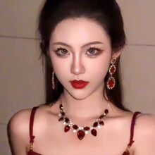 复古夸张奢华红色水滴锁骨链女水晶吊坠项链耳饰套装气质新娘晚宴
