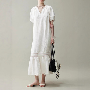 Comfortable design, hollow lace splicing, loose paper linen dress, women's summer new women's skirt