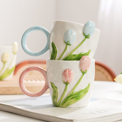 Creative Instagram-style mug, cute home-use drinking cup with a high aesthetic—featuring a stunning tulip design and large capacity, perfect for breakfast drinks!