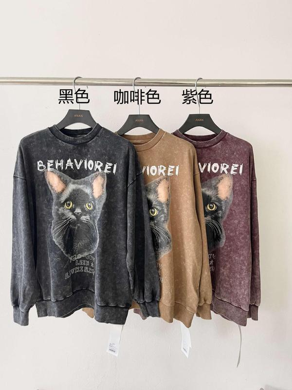 2025冬季水洗做旧猫咪印花上衣宽松圆领中长款时尚潮流卫衣85311|undefined