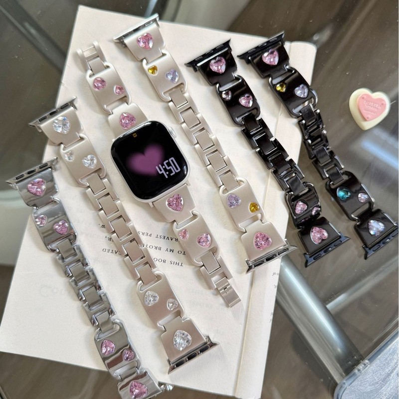 Apple Watch iwatch 10th Generation 987654Ultra/SE に適したピーチ ハート ダイヤモンド メタル リング ストラップ|undefined