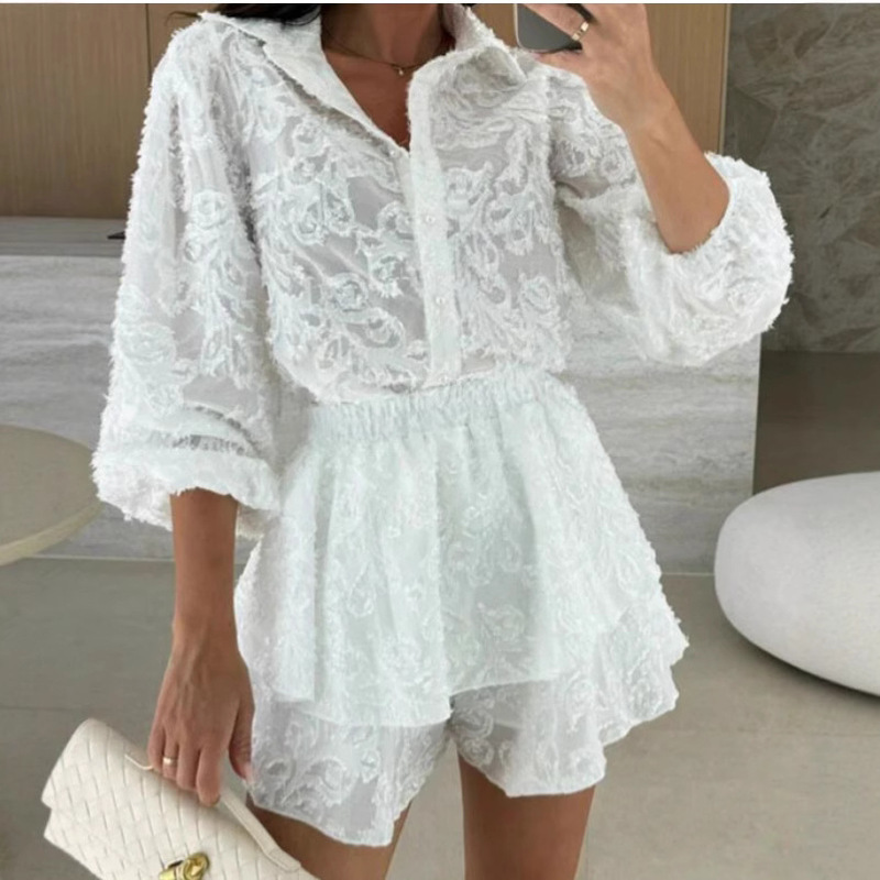 2025 European and American Cross-Border Independent Station Unique Lace Texture Fabric Lantern Sleeve Shirt and Elastic Waist Layered Skirt Set