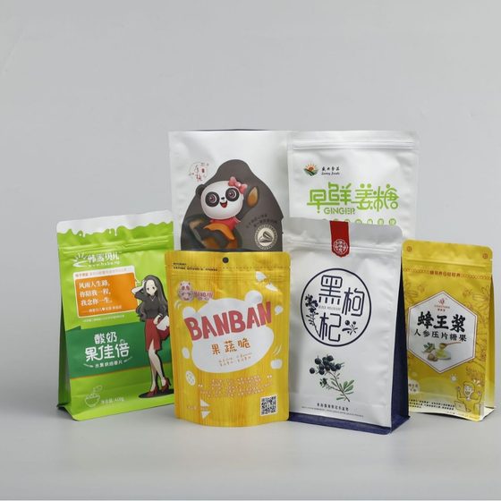 Color printing food packaging bag custom self-supporting self-sealing zipper bag eight side sealed aluminum foil bag shaped suction nozzle bag
