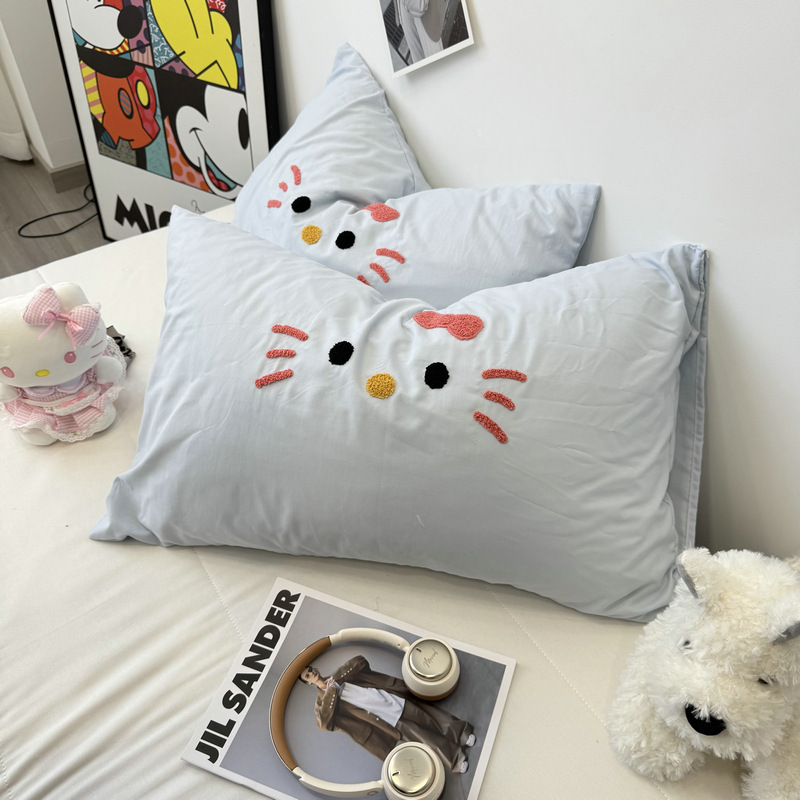単品/ウォッシュドクラウドコットン かわいい猫タオル刺繍 シングルペア 漫画枕カバー 48*74 芯なし|undefined
