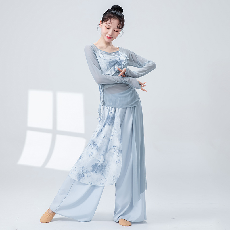 古典的なダンスのズボンの女性2025の新型の水墨画の仙気のダンスのズボンの中国のダンスの練習は身の韻の広い足のスカートのズボンを着ます。|undefined