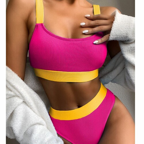 2024 New European and American Style Bikini—Cross-Border Amazon Split Swimsuit, High-Waisted, Tummy-Covering, Solid-Color Bikini for Women, Ideal for International Trade