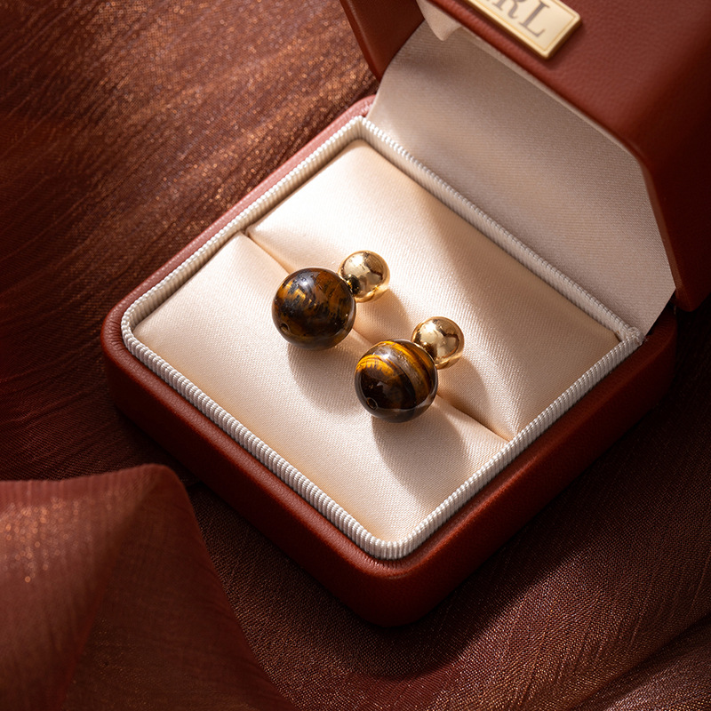 复古美拉德虎眼石耳环高级感韩系琥珀色个性耳扣精致轻奢优雅耳钉