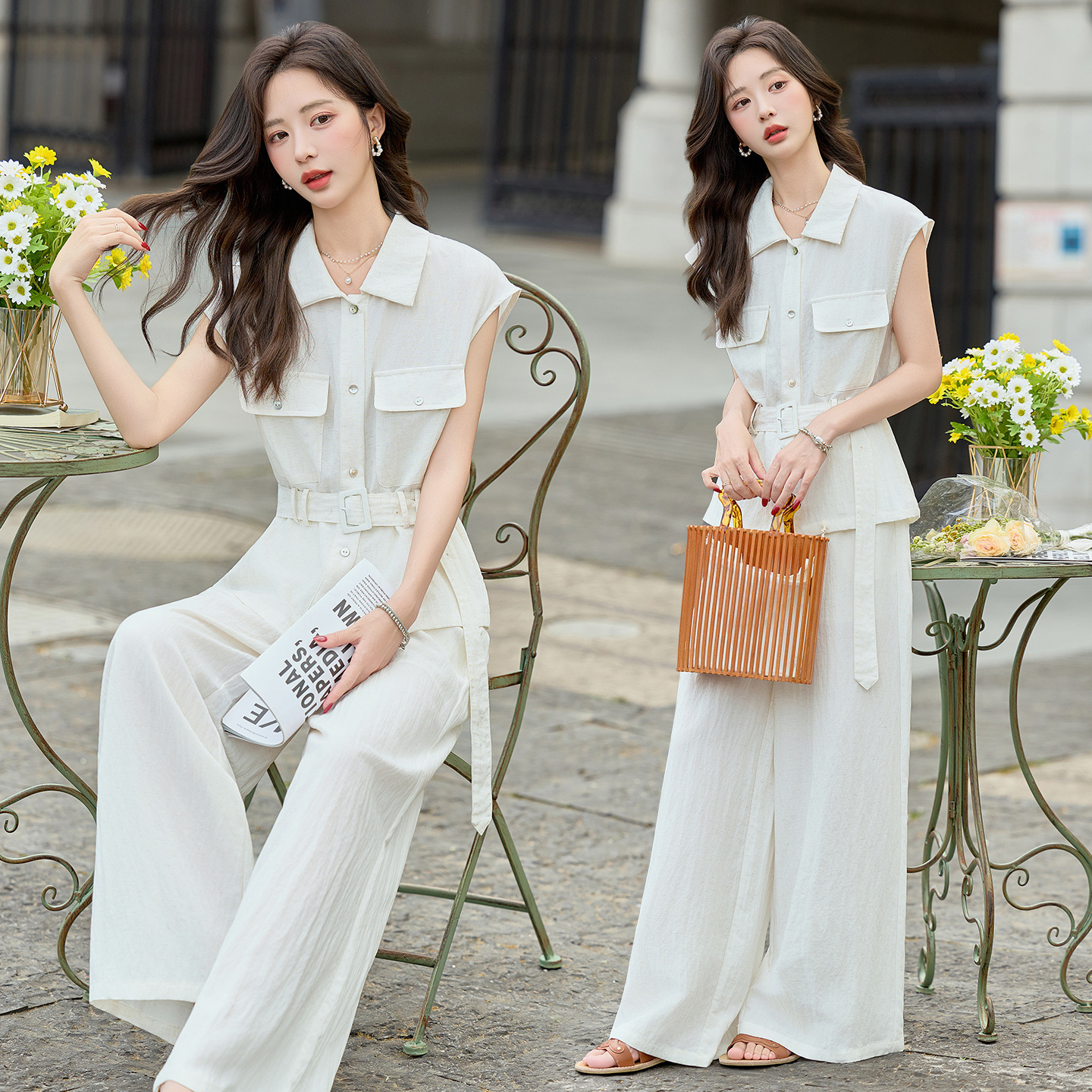Bộ jumpsuit nữ tay ngắn cổ bẻ ống rộng mùa hè 2026 — màu trắng ngà, màu vàng