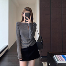 设计感侧腰褶皱显瘦条纹打底衫女针织衫2025新款秋冬新款G100318