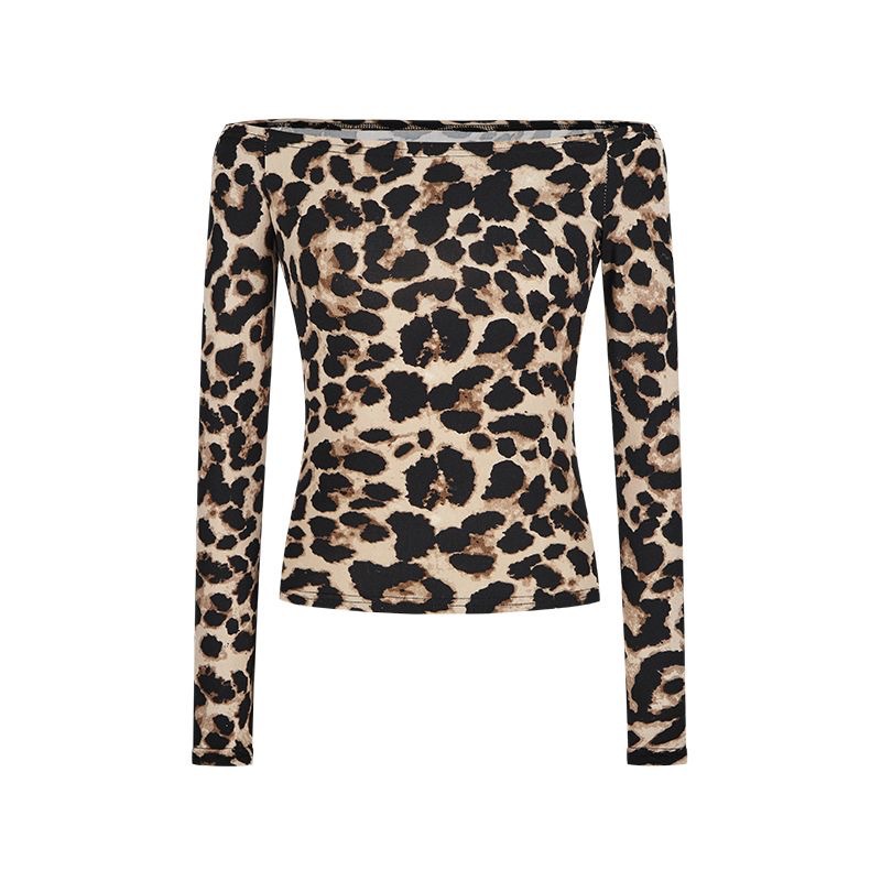 Pure quiere pellizcar la cintura delgada chica caliente americana estampado de leopardo hombro corto primavera y verano camiseta delgada camiseta de manga larga camiseta para mujeres image 6