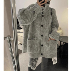 韩系穿搭慵懒立领开衫毛衣女2025秋冬新款高级感宽松软糯针织上衣