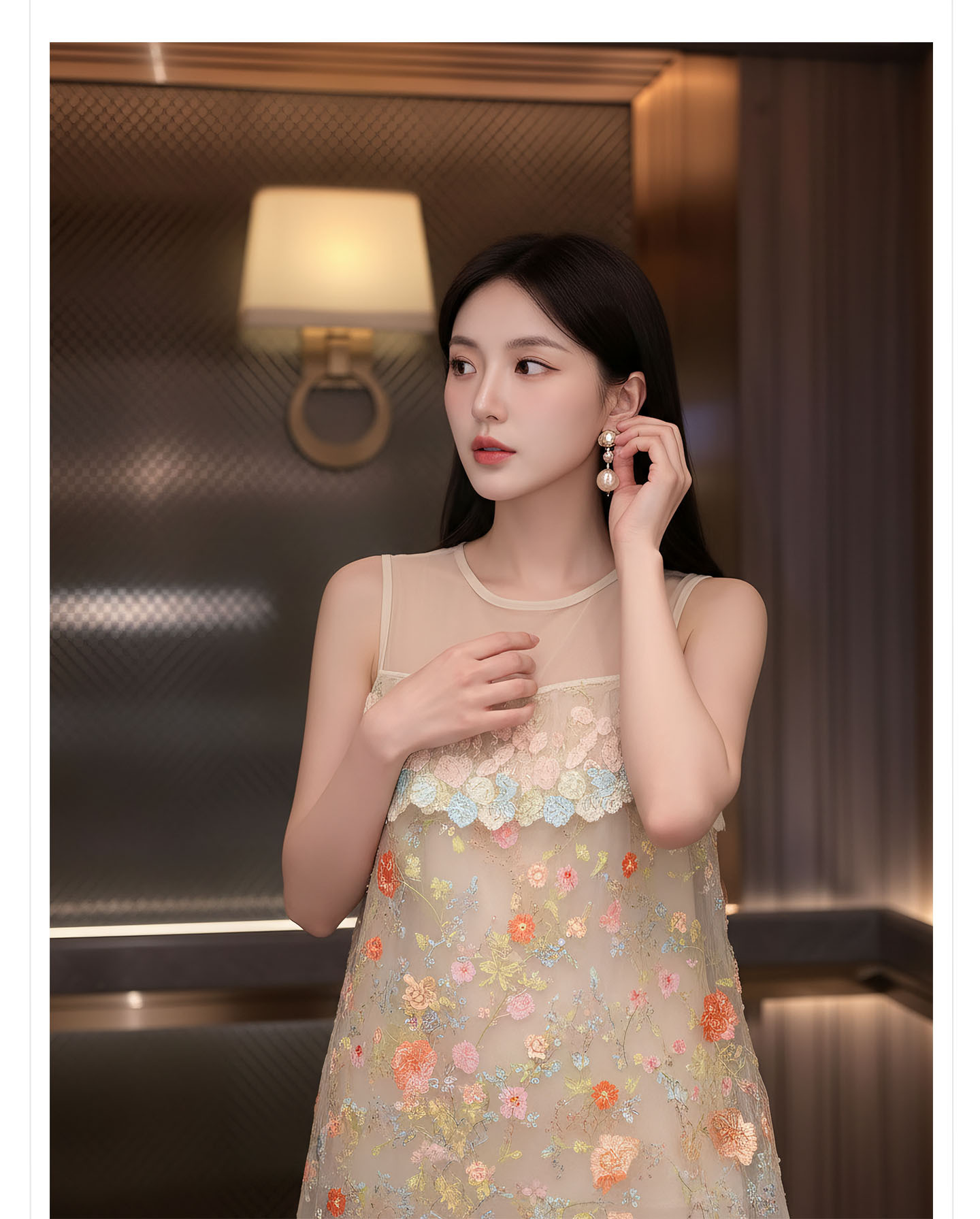 Bộ váy áo vest không tay phong cách Trung Hoa thêu ren họa tiết nặng, chất liệu thoáng khí, gồm áo vest và chân váy nửa kèm theo — bộ đồ, Champagne màu nửa váy, Áo khoác màu mơ chi tiết 3