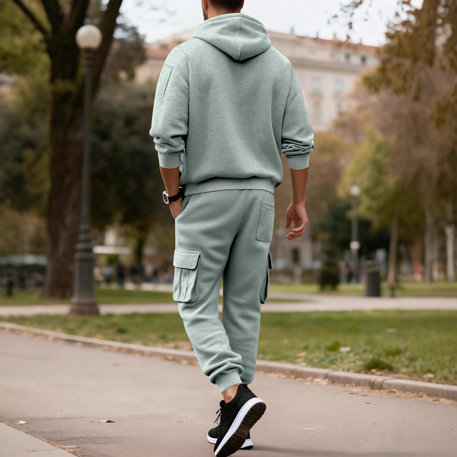 Transfronterizo Europa y América hombre sudadera encapuchada de color sólido cuello redondo suelta sudadera de manga larga sudadera set de pantalones