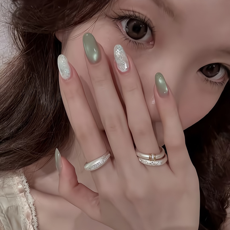 【Ling Luo Original】Green Grape Green Shimmering Acetate Cat Eye Whitening Elegant Handmade Nail Art Wearable Nails Available for Wholesale 【Ling Luo Original】Green Grape Green Shimmering Acetate Cat Eye Whitening Elegant Handmade Nail Art Wearable Nails Available for Wholesale