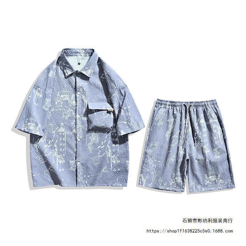 2024 verano nueva camisa de espuma de manga corta + pantalones cortos para hombres camisa de manga de cinco puntos + cinco puntos