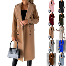 女装春款2025新款亚马逊跨境外套百搭毛呢大衣纯色长袖双排扣插袋