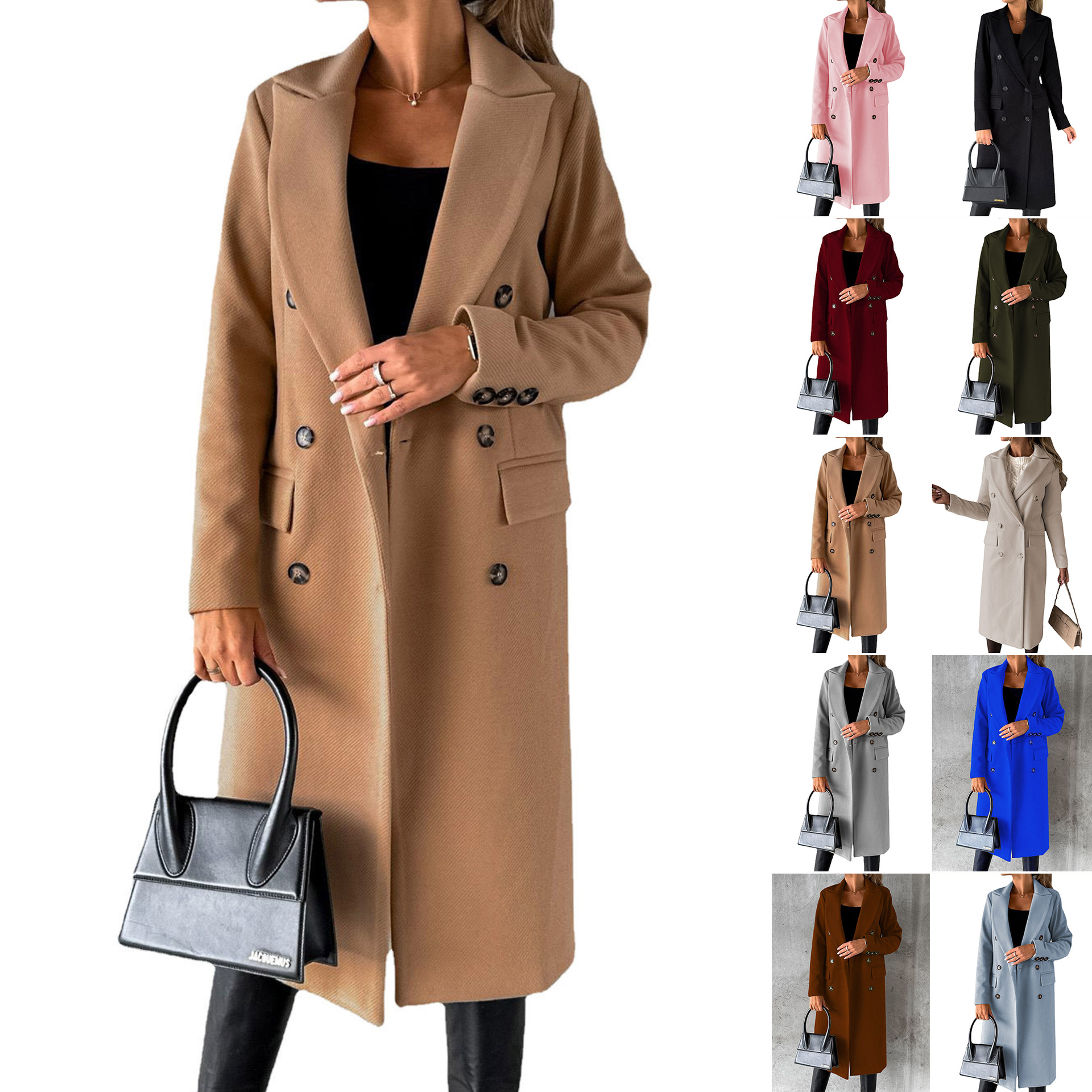 女装春款2025新款亚马逊跨境外套百搭毛呢大衣纯色长袖双排扣插袋