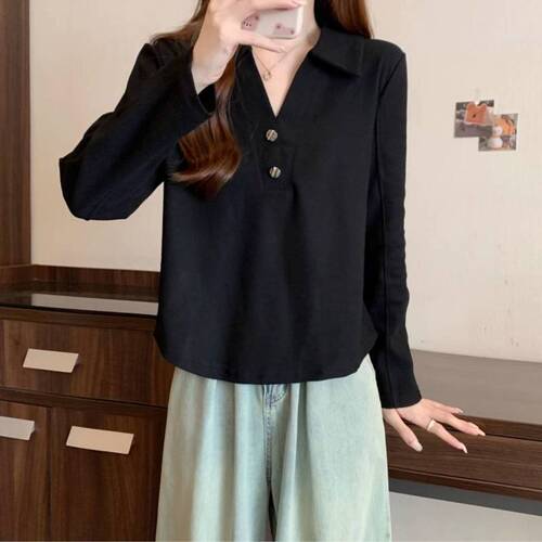2025 New Design Polo Long-Sleeve T-Shirt for Women - Summer Slim Fit Top, Square Shoulder, Casual V-Neck T-Shirt, Outerwear Trendy