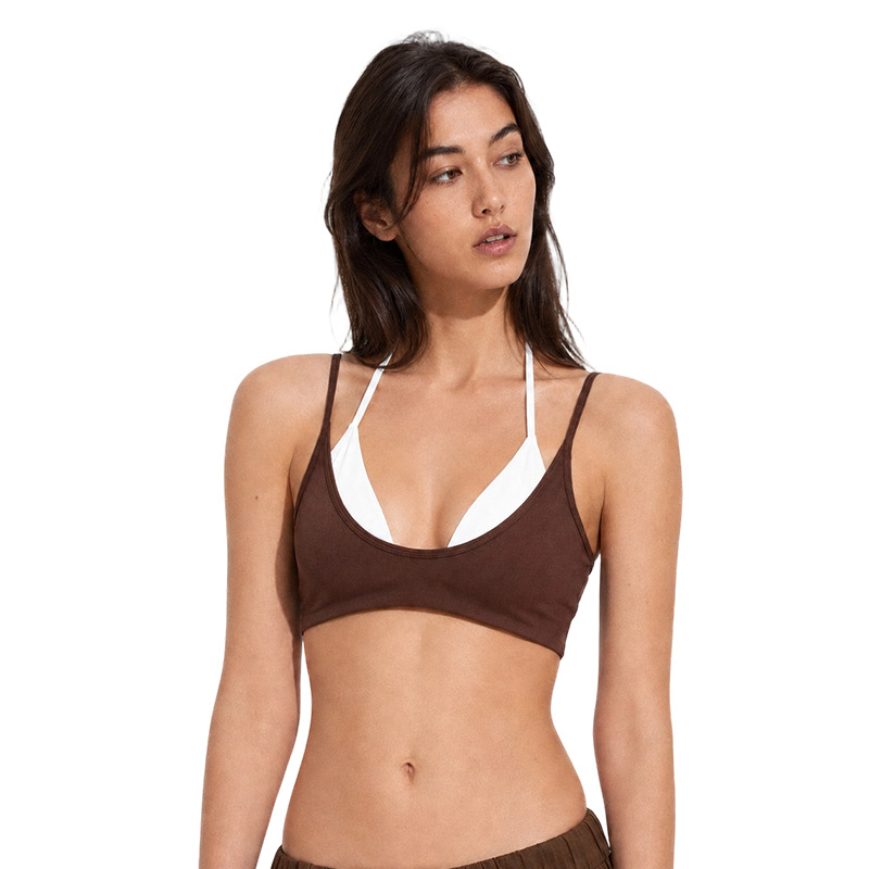 Europa y Estados Unidos de color transfronterizo falso empalme dos piezas chaleco deportivo cabina ropa de yoga hombro colgante cuello mujer con cojín de pecho