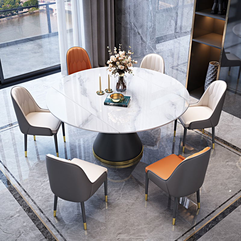 亮光岩板餐桌椅组合可伸缩小户型家用长方形现代简约意式加厚圆桌