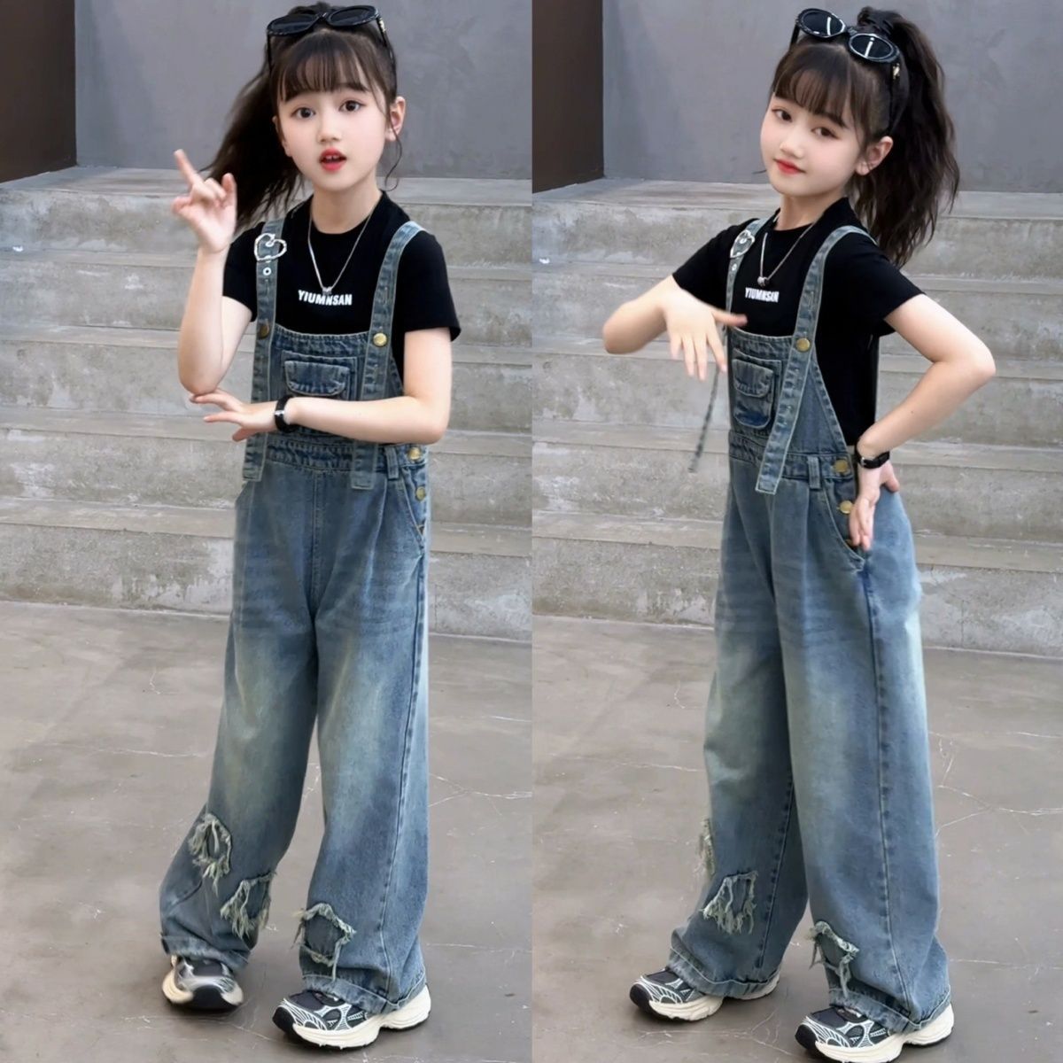 女童夏季牛仔背带裤两件套春秋2025儿童短袖中大童女孩夏装潮