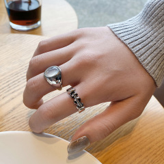 Vintage Retro Tarnished Small Dumbbell Ring for Women Fashion French Cat's Eye Stone Index Finger Ring Party Dance Accessory Jewelry