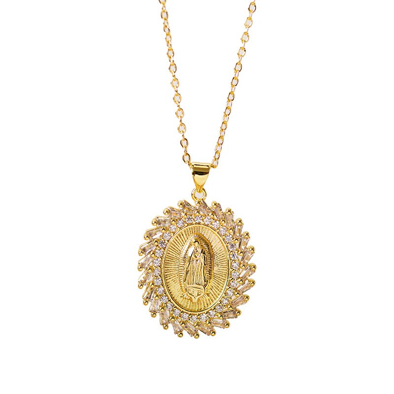 British Style Round Copper Gold Plated Zircon Pendant Necklace 1 Piece