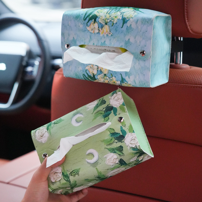 Creative Oil Painting Car Seat Car Paper Towel Holder Suspended Car Seat Back Napkin Box Cover Car Interior Decorative Accessory