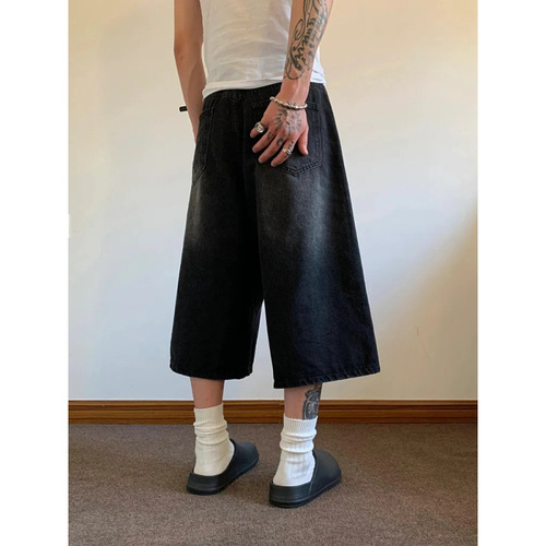 American seven-quarter denim retro shorts 2025 summer new high-waist loose black washed wide-leg straight pants