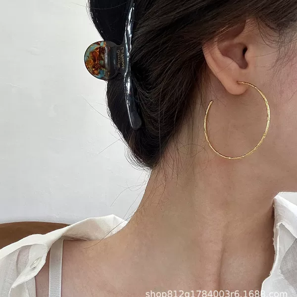 French Style All-match Simple Large Circle Metal Texture Sense Gold Earrings High European and American Elegant Earrings New Style Women