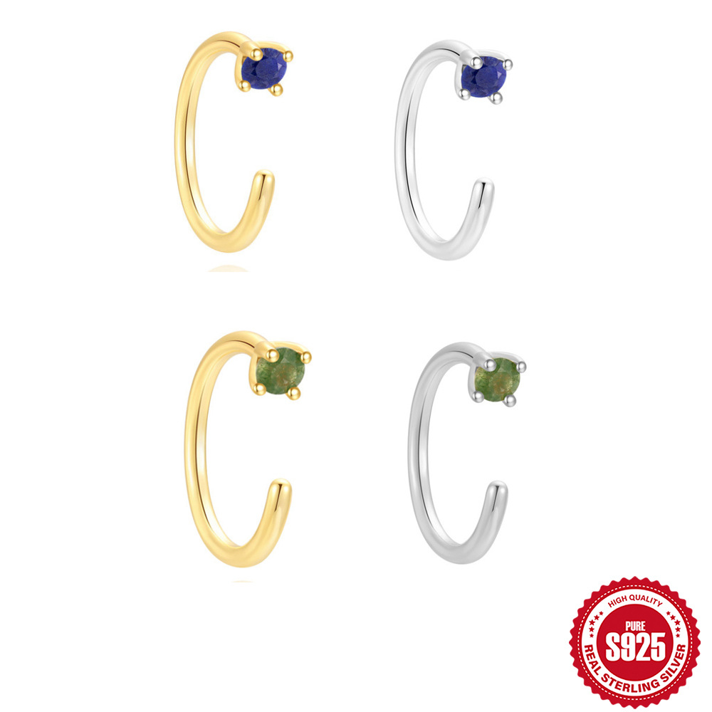 S925 sterling silver, natural round lapis lazuli C-shaped hoop earrings, new style, natural round moss agate earrings, jewelry