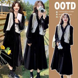 哺乳衣外出秋冬连衣裙秋冬新款辣妈产后喂奶长裙马甲两件套东南亚