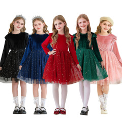 2025ハスの葉の辺の長袖のワンピースの王女のクリスマスのパーティーのショーの服の子供の冬の服装の星空のネットのスカート