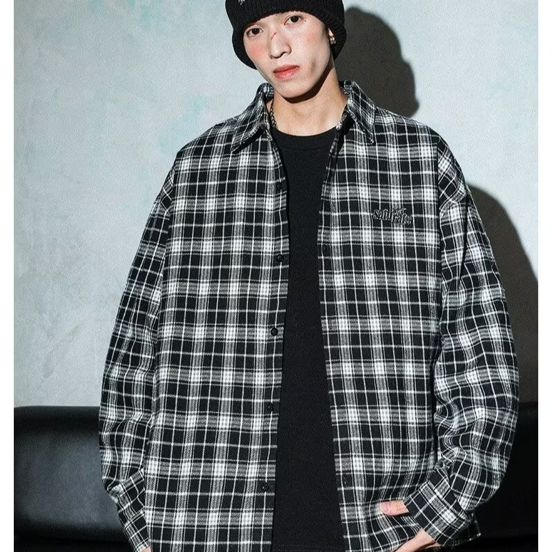 일본 복고풍 격자 무늬 긴팔 셔츠 남성 2024 가을 새로운 유행 느슨하고 다양한 캐주얼 셔츠 재킷