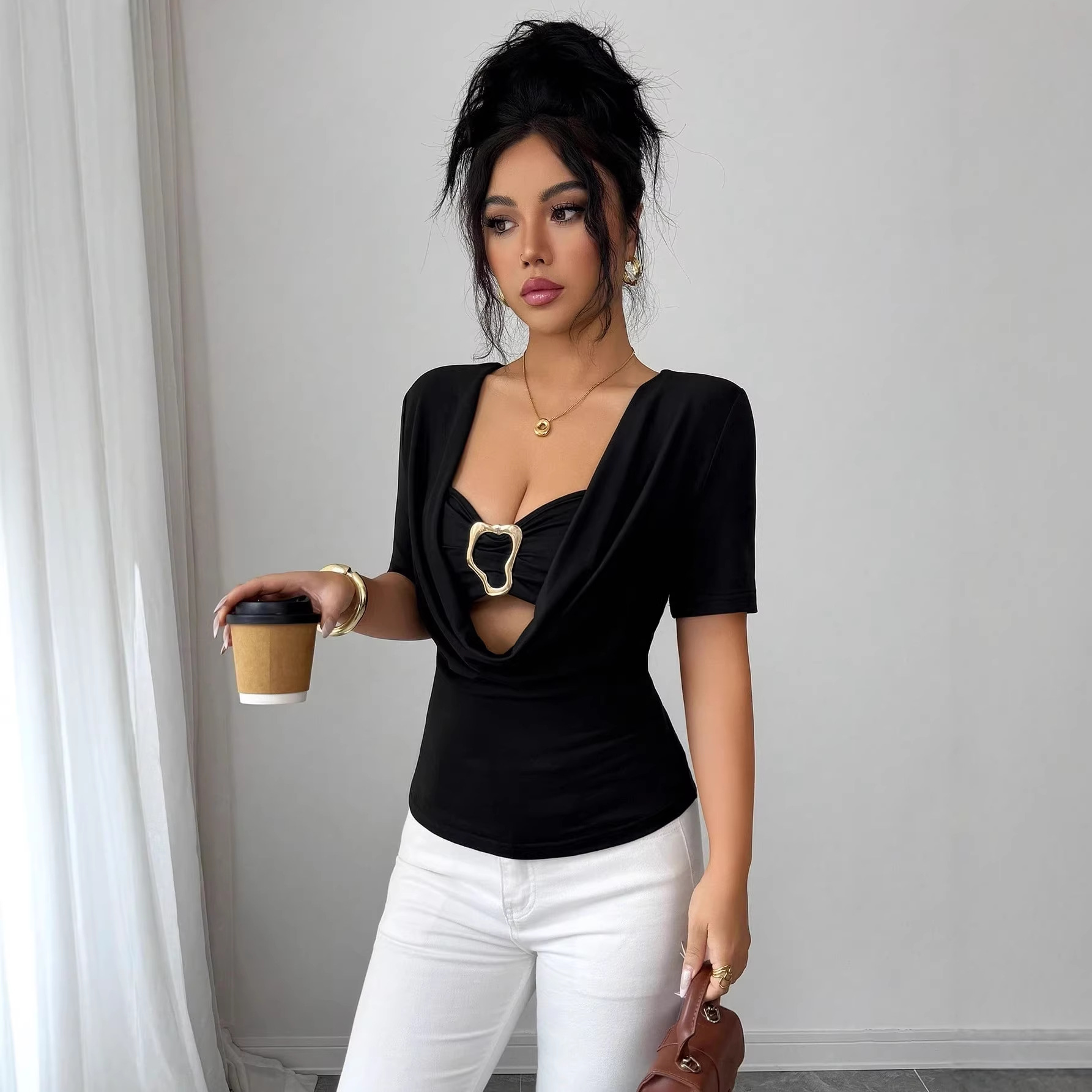 Women's Solid Color Duffle Neck Top With Metal Buckle Faux Two Piece Short Sleeved Trendy Hot Girl_ecoleips.com