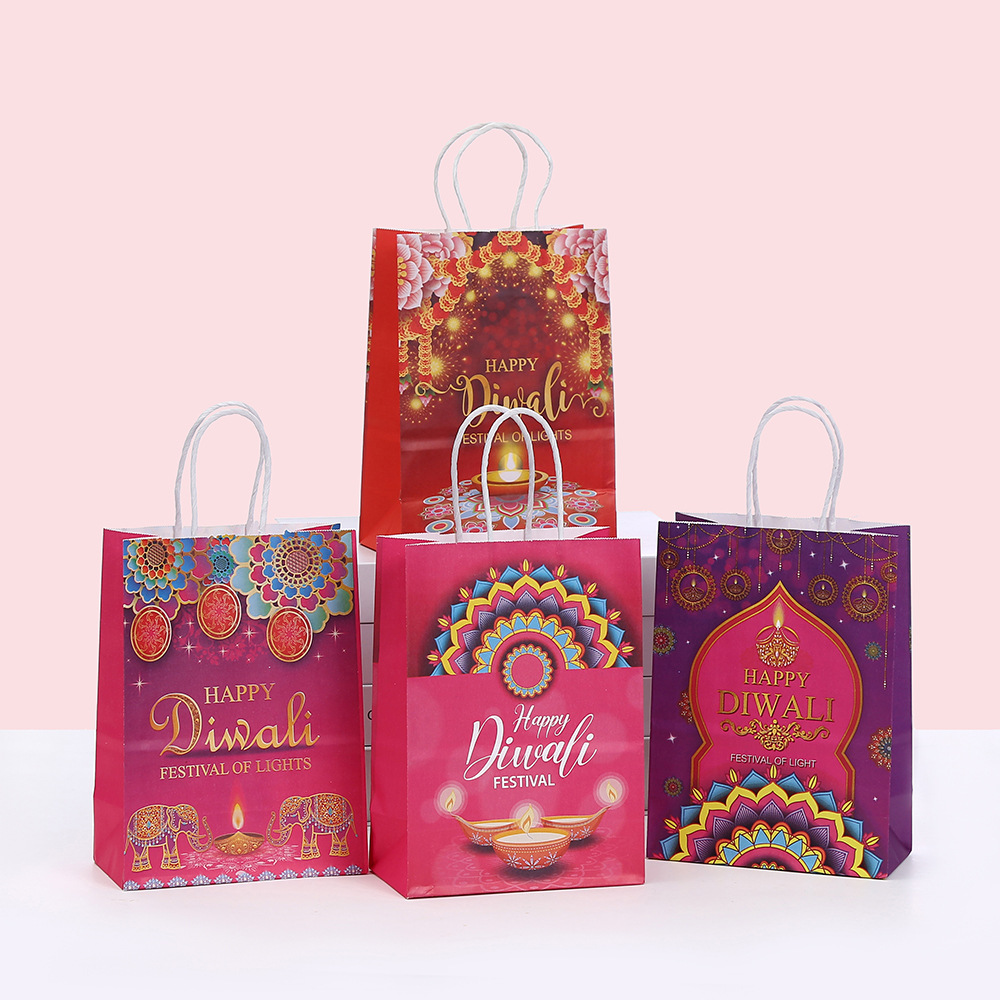 印花手提袋批发购物袋印度排灯节礼品袋派对礼物包装袋牛皮纸纸袋