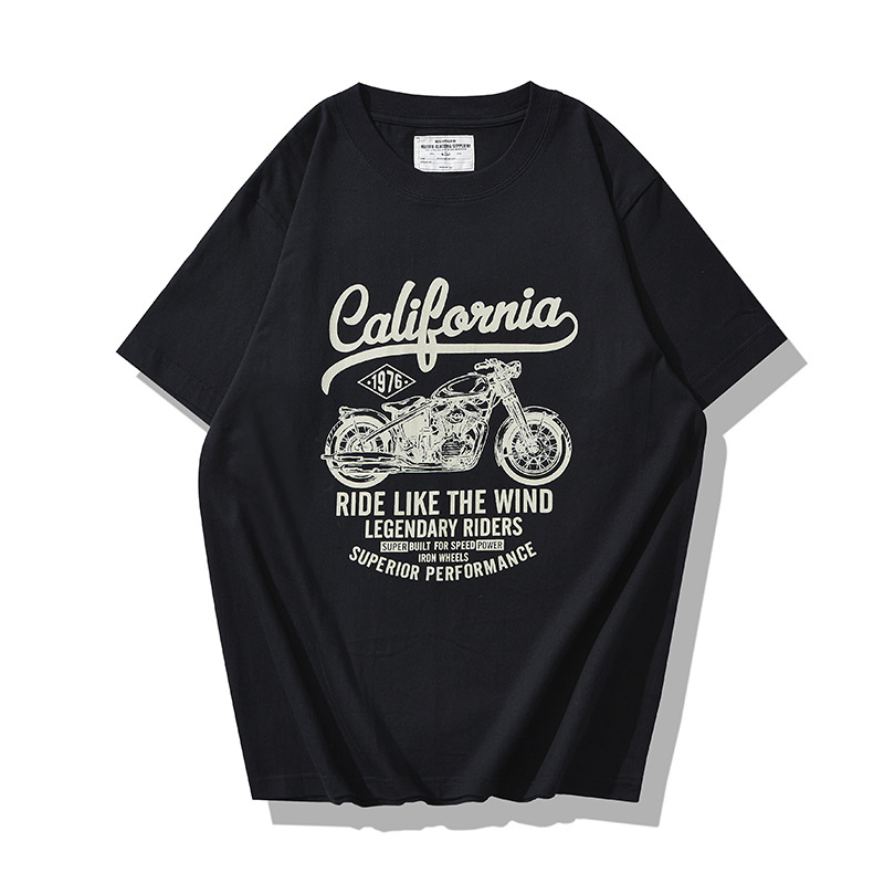 OKONKWO 2021SS nacional moda 1976 motocicleta impresa camiseta 200g hombres cuello redondo manga corta