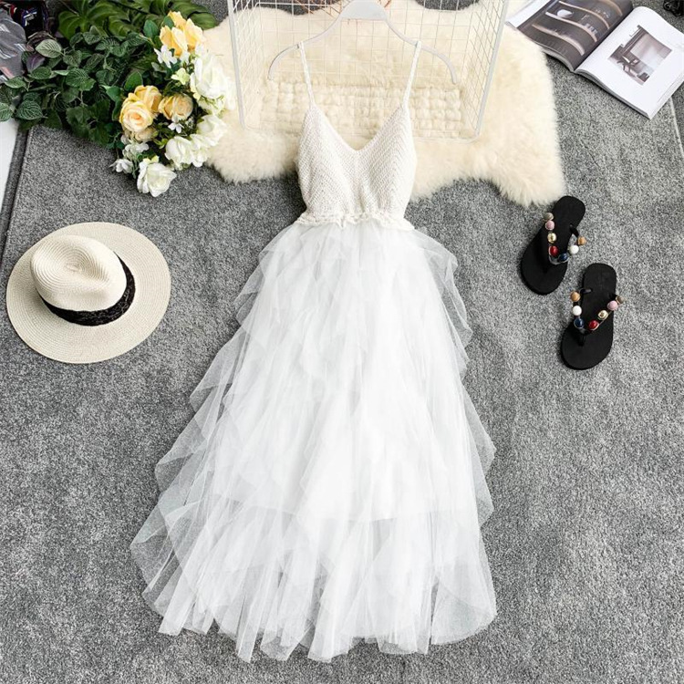 Mid-length Sling Dress Round Neck Hollow Lace Embroidered Fairy Small Sling Dress New Fresh