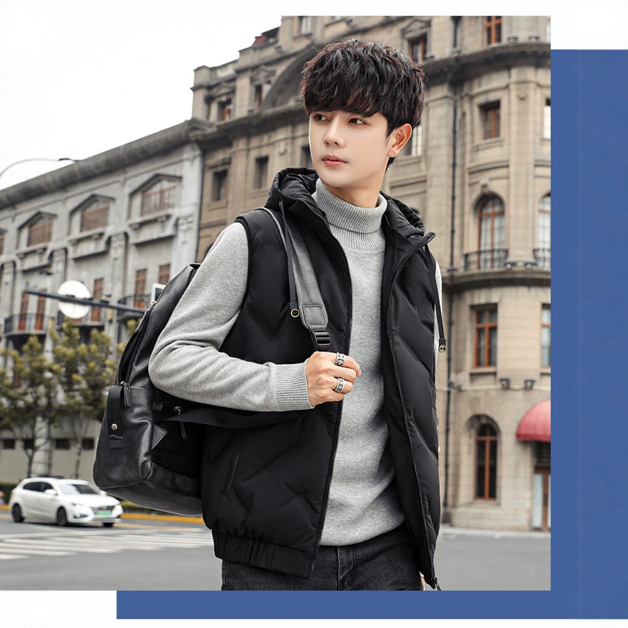 Men's down vest, autumn and winter trendy down jacket, 80% white duck down vest, versatile hooded sleeveless men's coat
