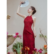 夏季新款收腰露肩新中式古典改良旗袍红色连衣裙气质开叉性感礼服
